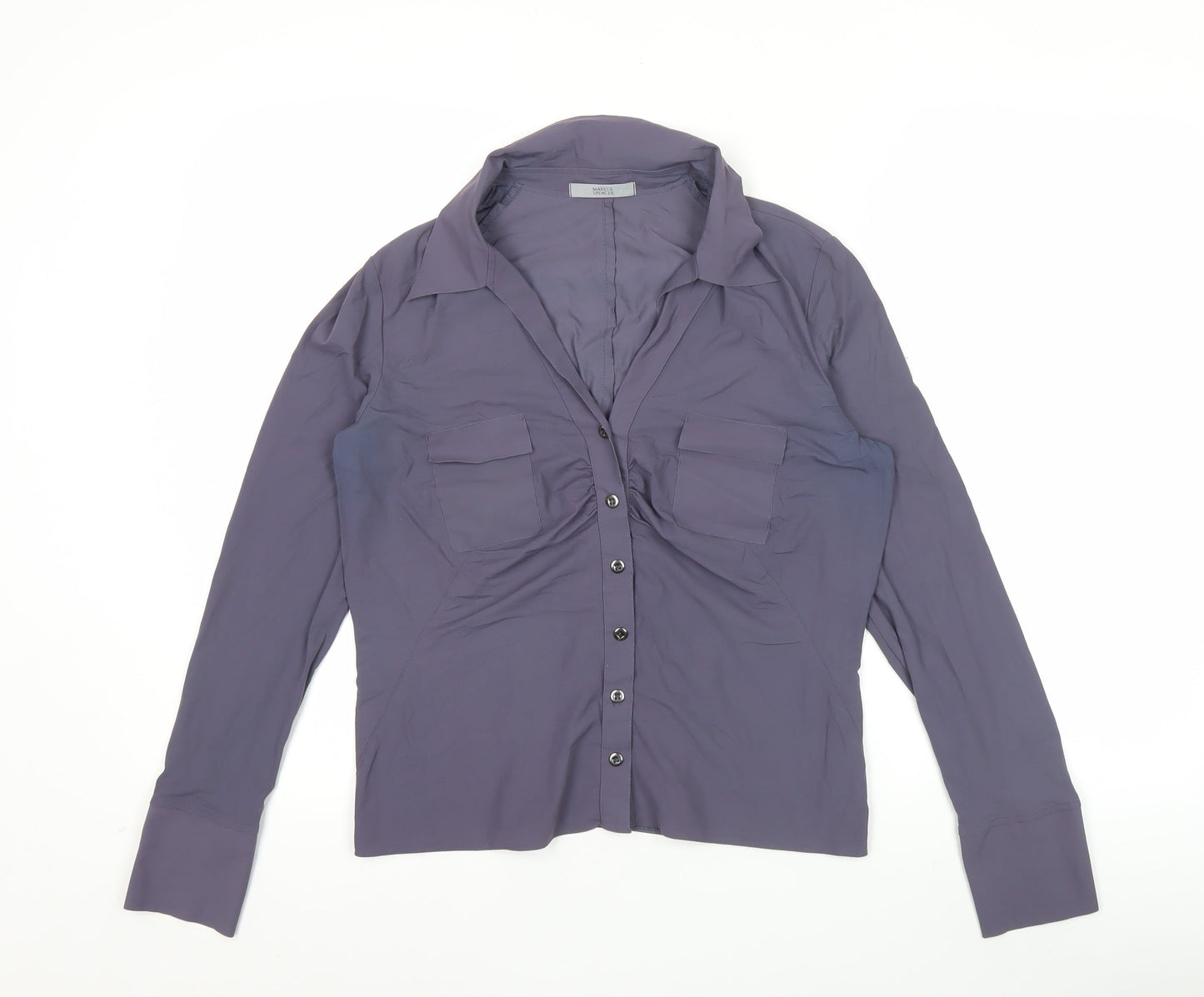 Marks and Spencer Women's Air Force Blue Button-Up Shirt Size 16
