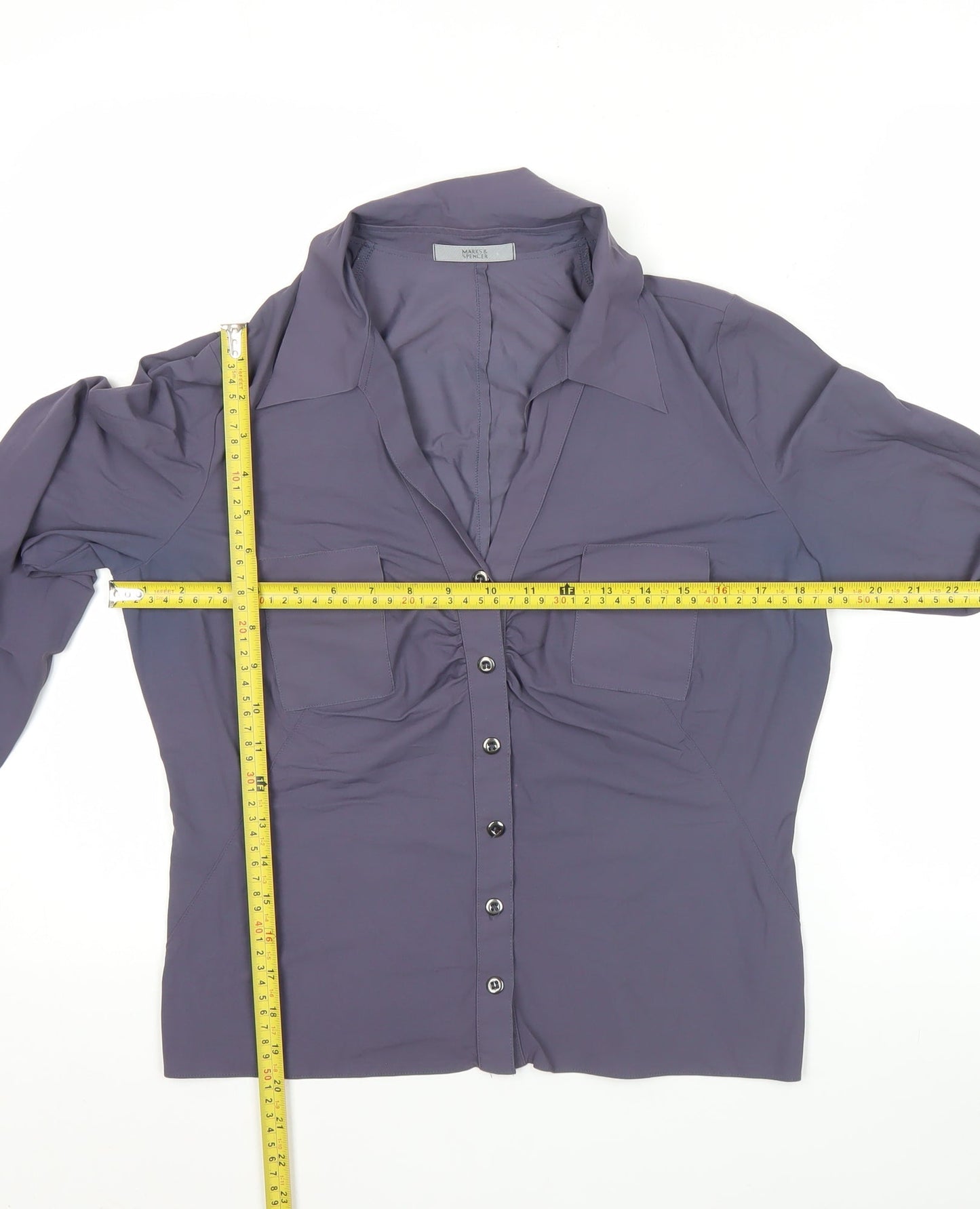 Marks and Spencer Women's Air Force Blue Button-Up Shirt Size 16