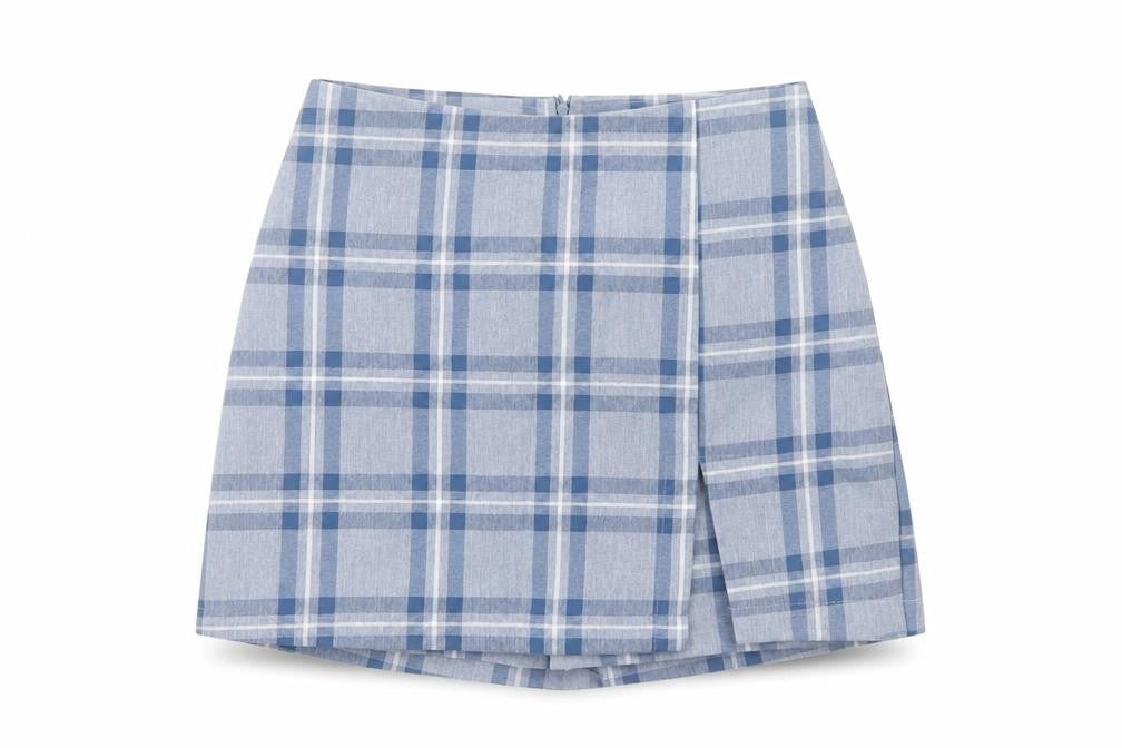 Misi & Co Women's Blue Plaid Wrap Skort Petites Cotton Blend