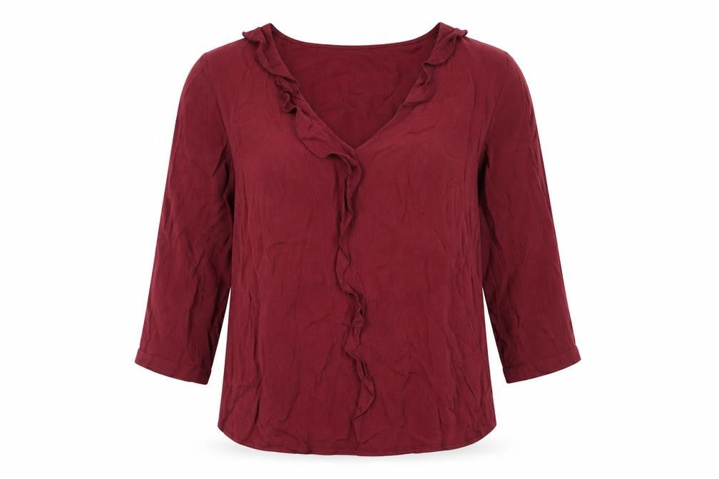 Monsoon Women Red 3/4 Sleeve Ruffle V-Neck Tunic Blouse Size 8