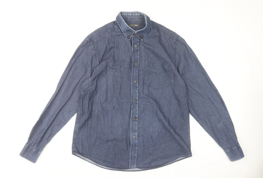 Marks and Spencer Men’s Blue Striped Cotton Button-Up Long Sleeve Shirt Size L