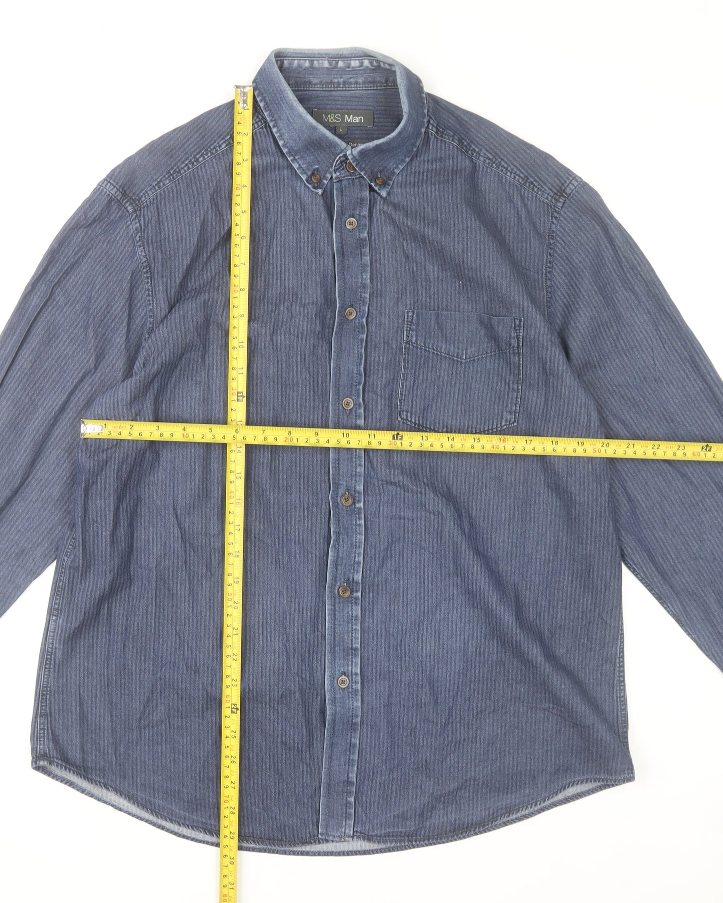 Marks and Spencer Men’s Blue Striped Cotton Button-Up Long Sleeve Shirt Size L