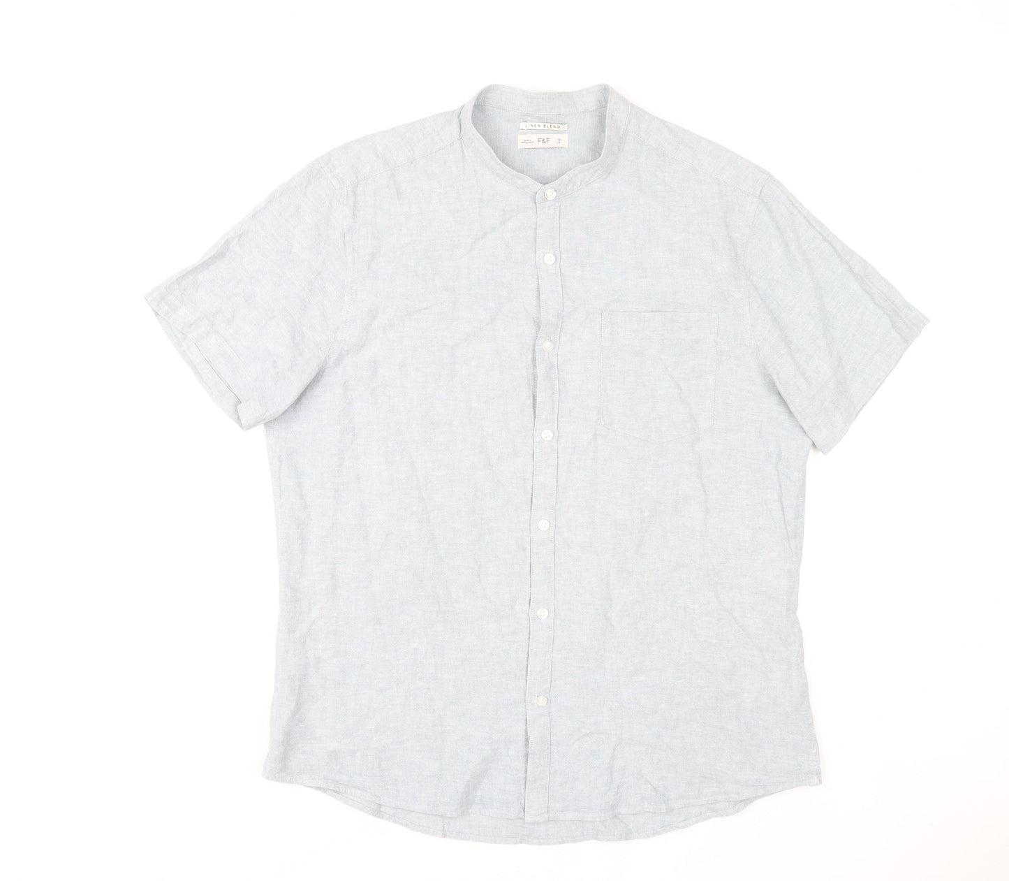 F&F Men's Blue Linen Blend Short Sleeve Band Collar Shirt Size L