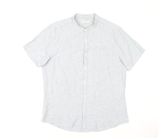 F&F Men's Blue Linen Blend Short Sleeve Band Collar Shirt Size L
