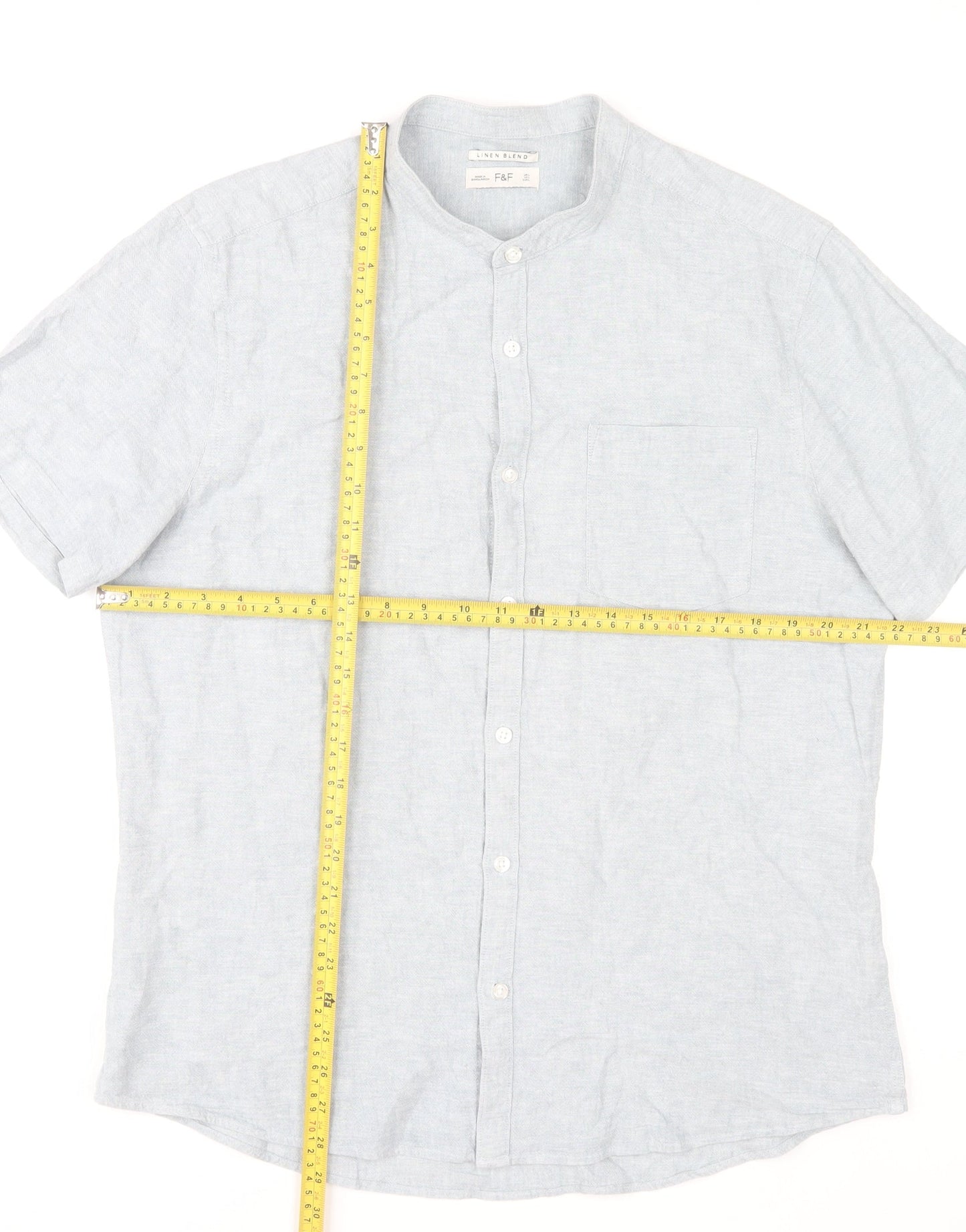 F&F Men's Blue Linen Blend Short Sleeve Band Collar Shirt Size L