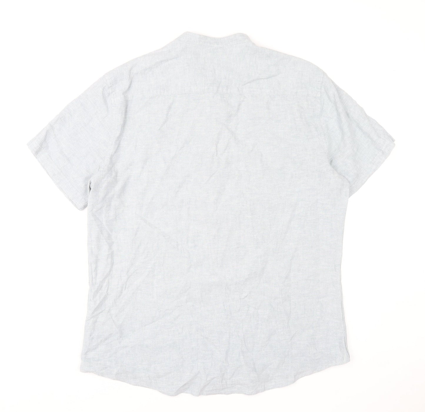 F&F Men's Blue Linen Blend Short Sleeve Band Collar Shirt Size L