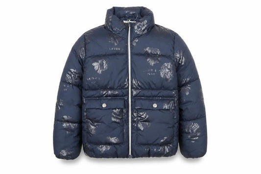 Front view of H&M girls’ blue puffer jacket 8-9 years polyester quilted winter coat
