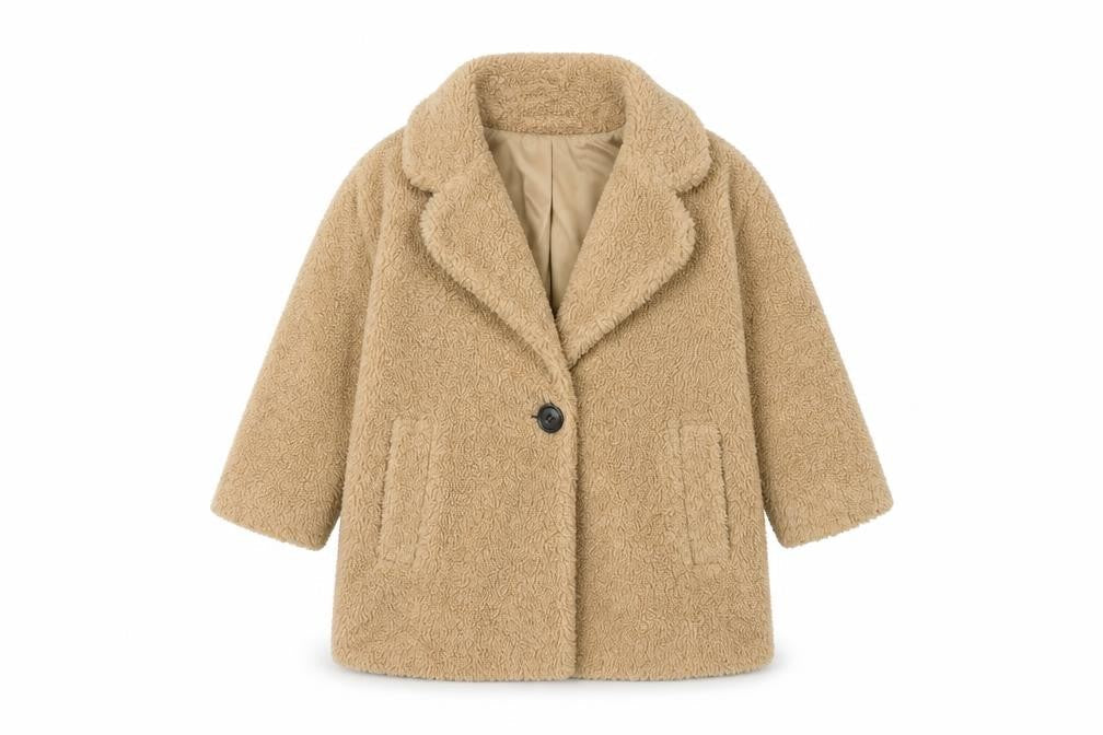 Next Girls Beige Teddy Fleece Mid-Length Coat 3 Years Lined Winter Jacket