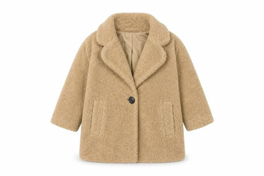 Front view of Next girls’ beige teddy fleece mid-length coat 3 years lined winter jacket