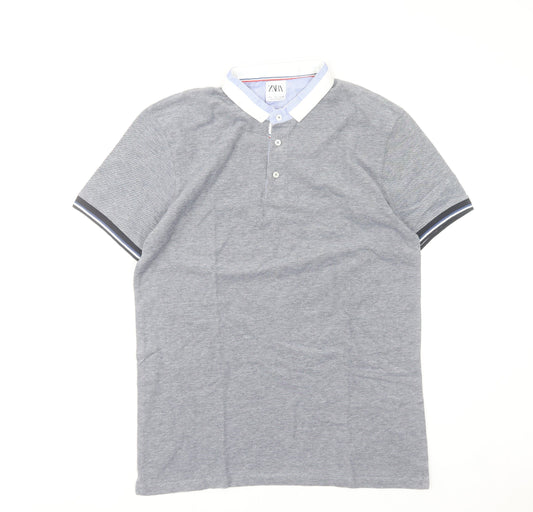 Zara Men’s Grey Short Sleeve Polo Shirt Size L Regular Fit