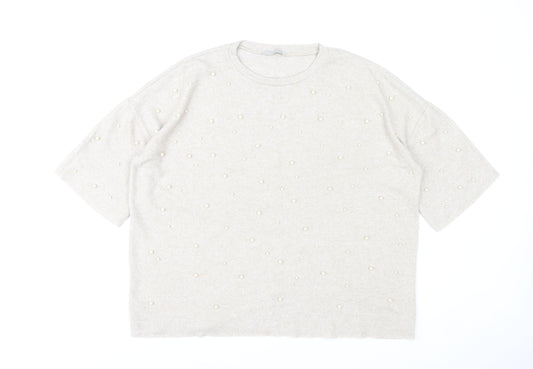 Zara Women Beige Beaded Knit Short Sleeve T-Shirt M