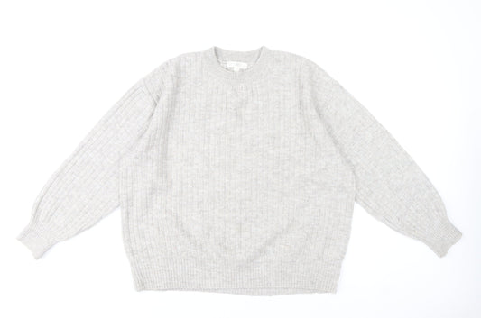 H&M Women’s Grey Crew Neck Rib-Knit Pullover Jumper Size M