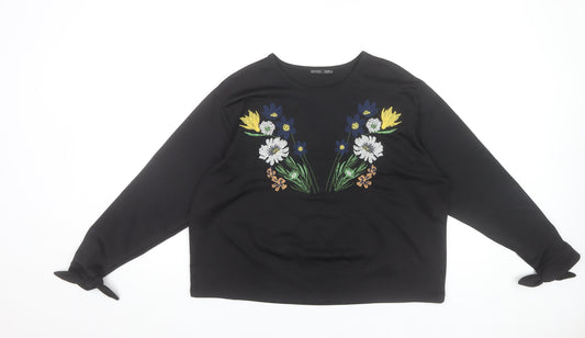 Zara Women Black Embroidered Floral Long Sleeve Tunic Top Size M