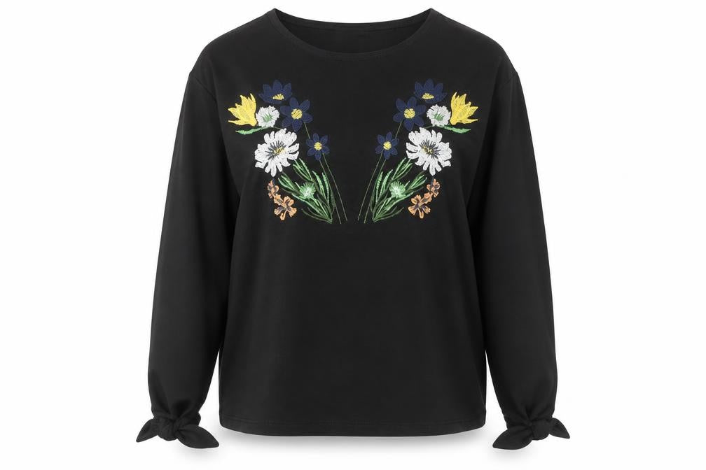 Zara Women Black Embroidered Floral Long Sleeve Tunic Top Size M