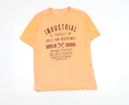 Livergy Orange Cotton Industrial Print Unisex Adults Regular Fit T-Shirt L