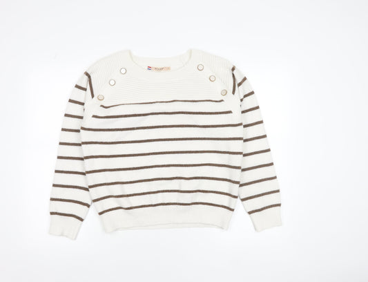 Azaka Paris Women White Striped Crew Neck Knit Button Jumper One Size