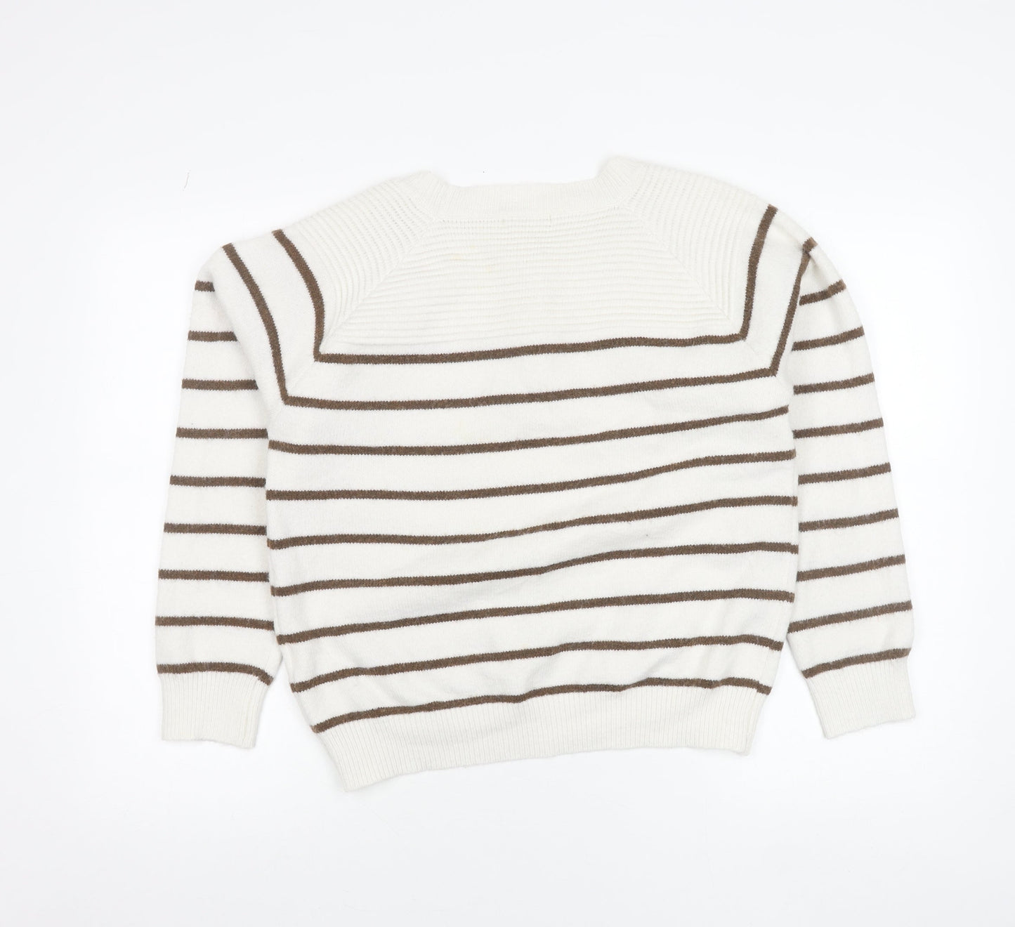 Azaka Paris Women White Striped Crew Neck Knit Button Jumper One Size