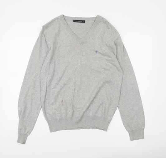 French Connection Men's Grey Cotton V-Neck Jumper Size M