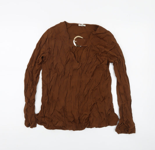 River Island Women’s Brown Long Sleeve V-Neck Tunic Blouse Size 10
