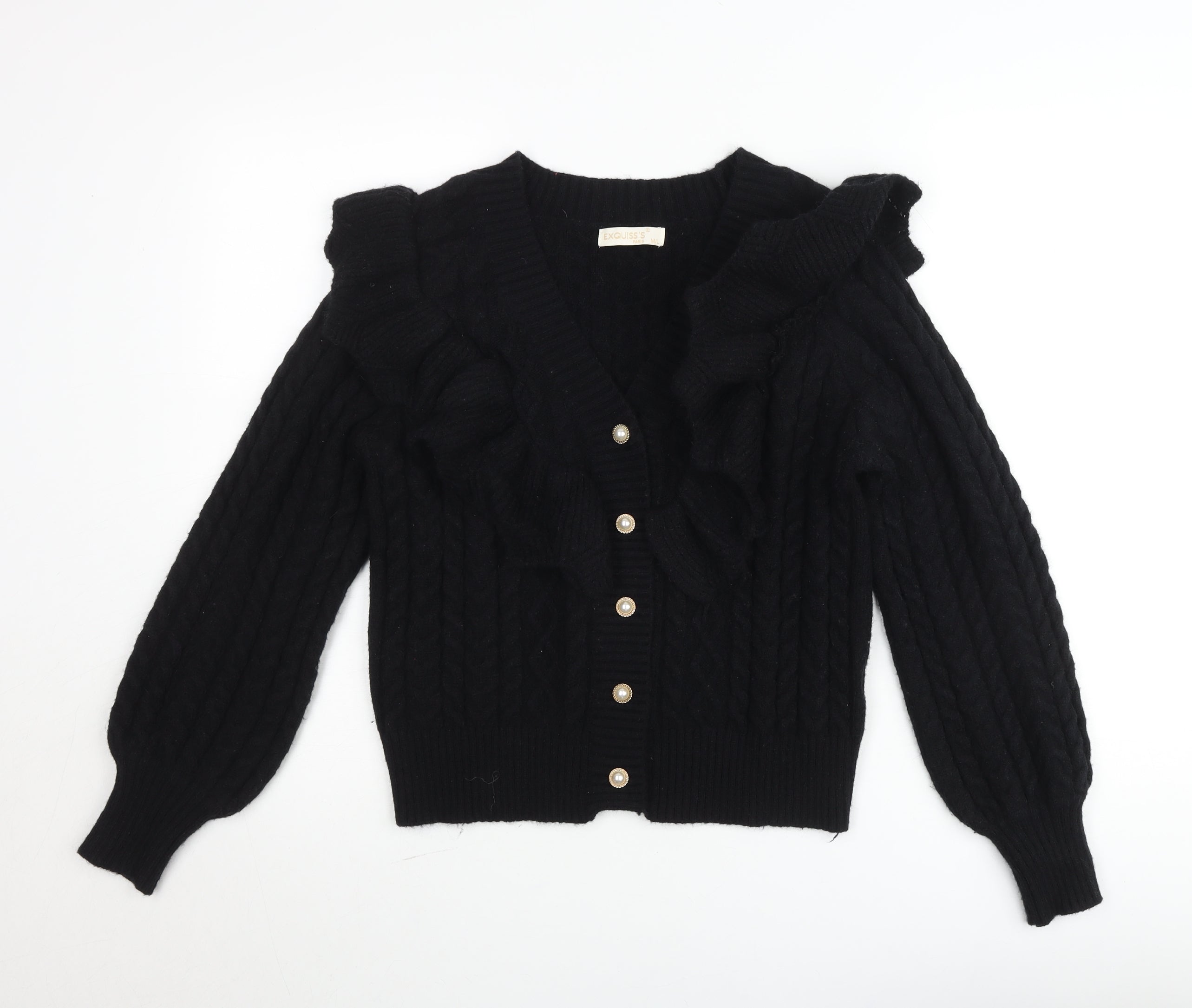 Exquiss's Women Black Cable-Knit Ruffle V-Neck Cardigan M