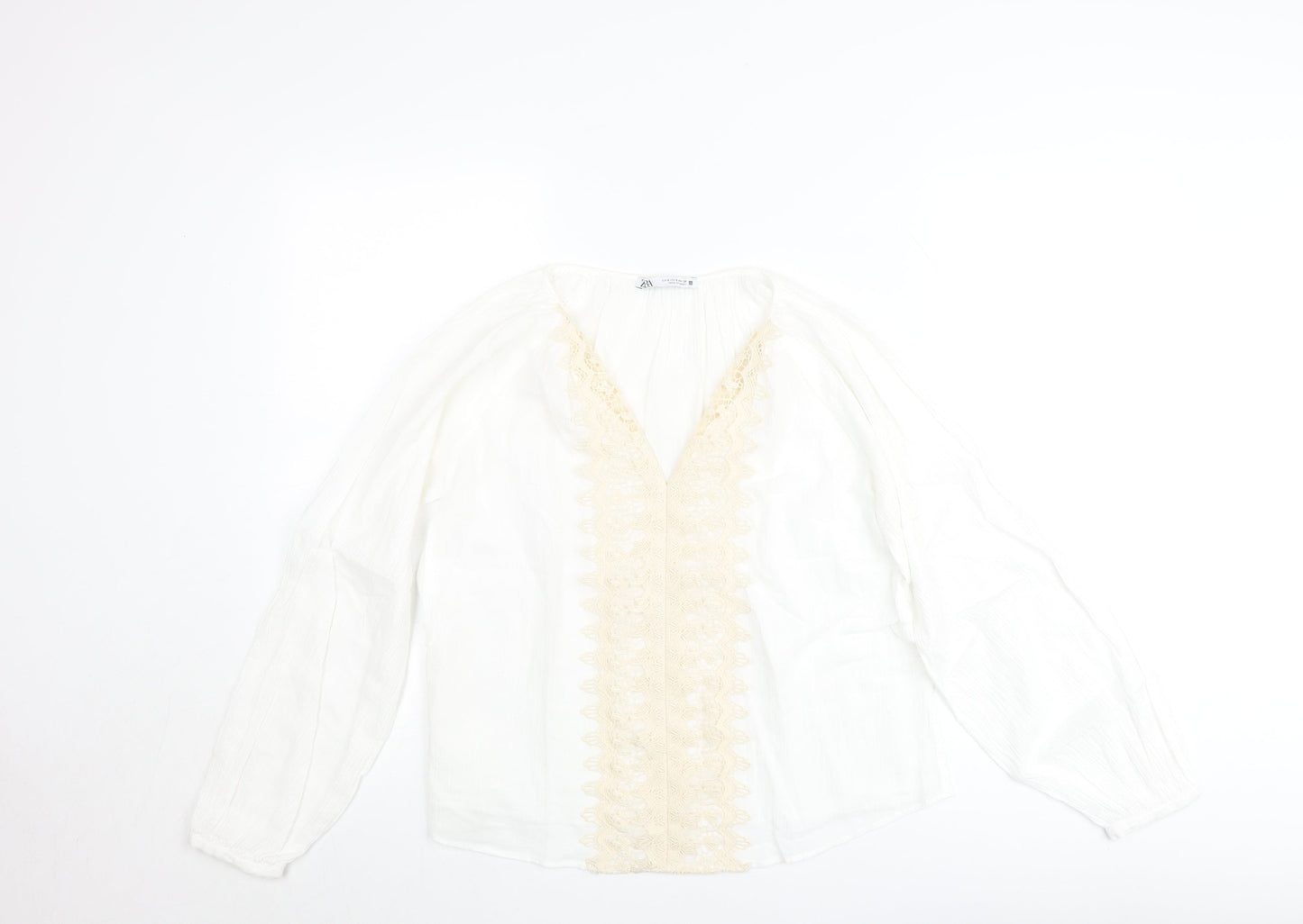Zara Women’s Ivory Cotton Lace V-Neck Boho Blouse Size 10