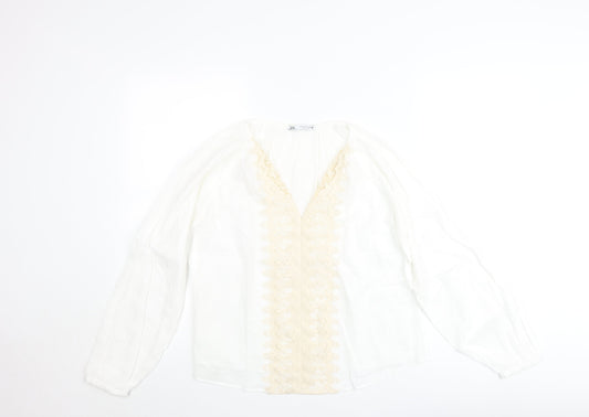 Zara Women’s Ivory Cotton Lace V-Neck Boho Blouse Size 10