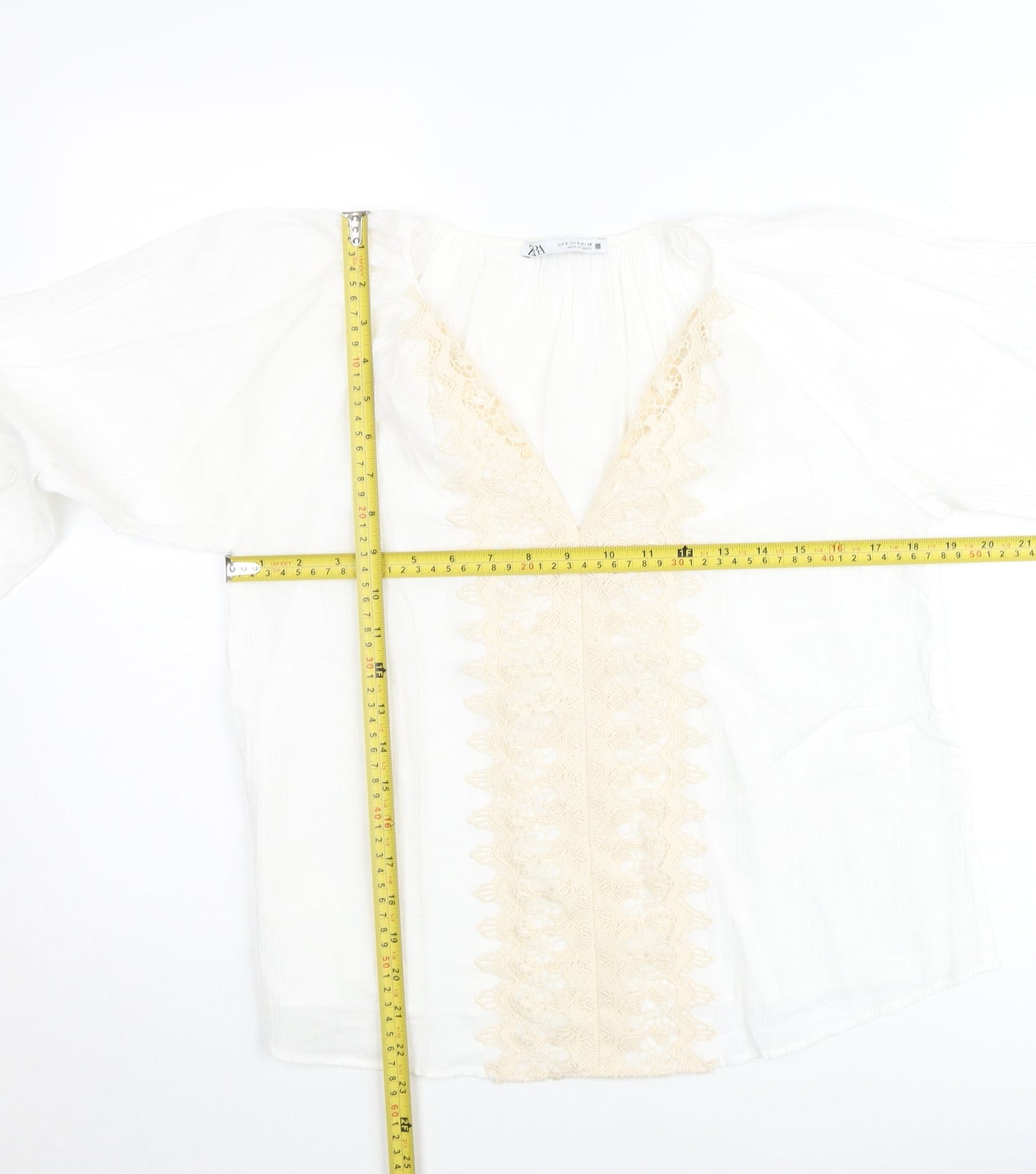 Zara Women’s Ivory Cotton Lace V-Neck Boho Blouse Size 10