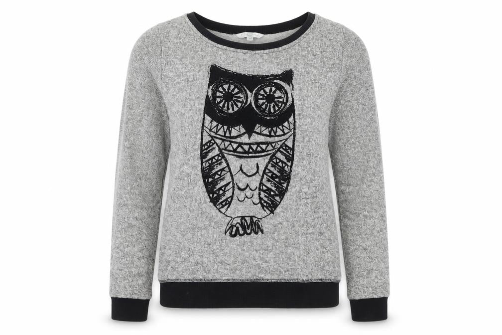 New Look Womens Grey Owl Crew Neck Long Sleeve Pullover Jumper Size 12