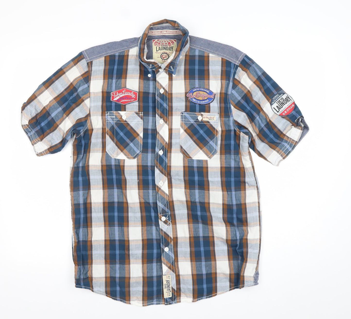 Tokyo Laundry Men’s Blue Checked Short Sleeve Button-Up Shirt Medium
