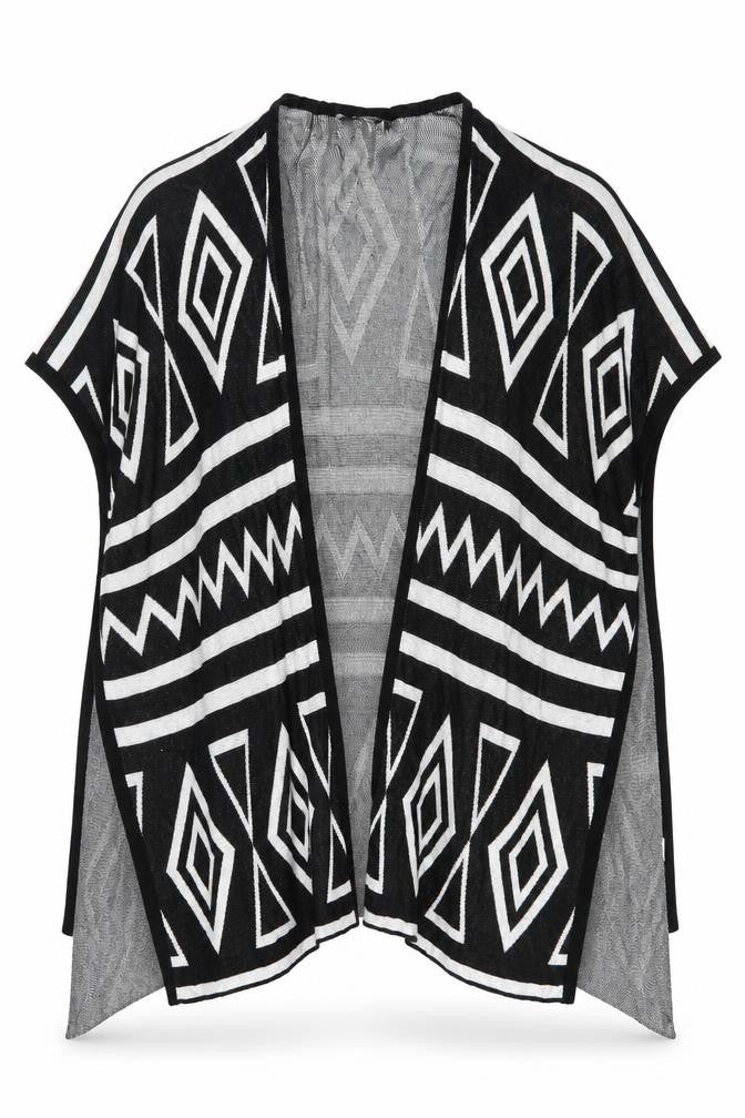 Bunoh.Q Womens Black Aztec Open-Knit Open Front Cape One Size