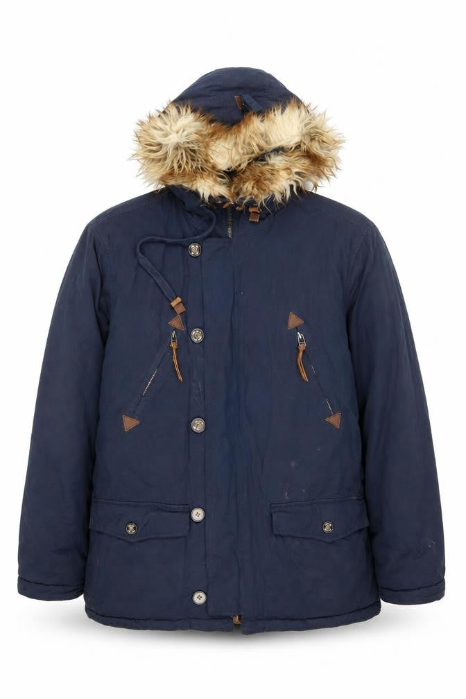 Farah Women Blue L Hooded Parka Jacket with Faux Fur Trim