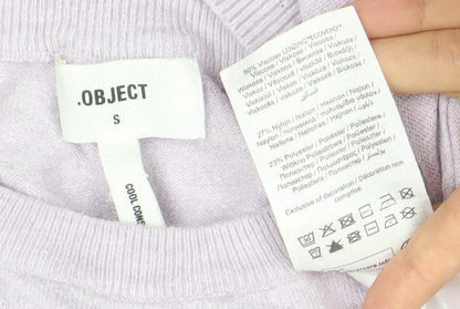 Brand and care label for Object Women's Purple Wool Blend Crew Neck Jumper, size S