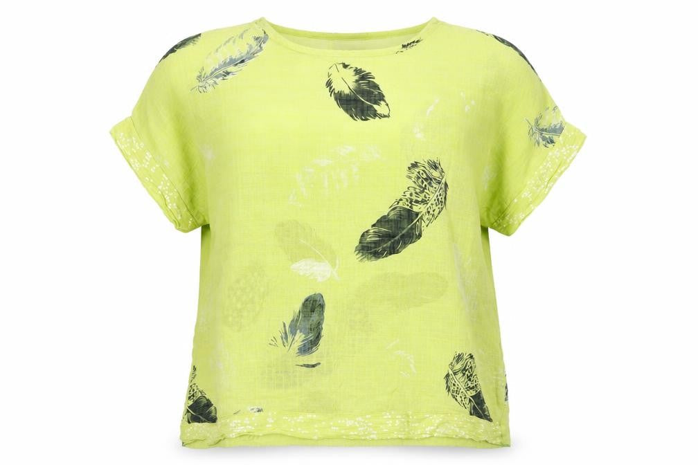 Just Elegance Women Yellow Feather Print Linen Blend Short Sleeve Blouse Size L