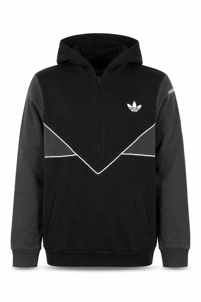 Front view of Adidas boys’ black & grey 15-16 years xl 1/2 zip hoodie cotton blend