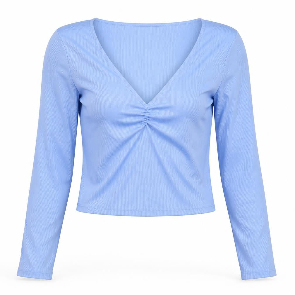 Stradivarius Women's Blue Cropped V-Neck Long Sleeve Top Size L