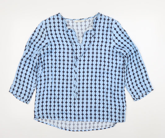 ETERNA Women's Blue Geometric 3/4 Sleeve V-Neck Tunic Blouse Size 10