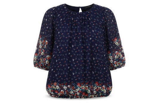 Front view of Dunnes Women’s Navy Floral Chiffon Tunic Blouse, size UK 10