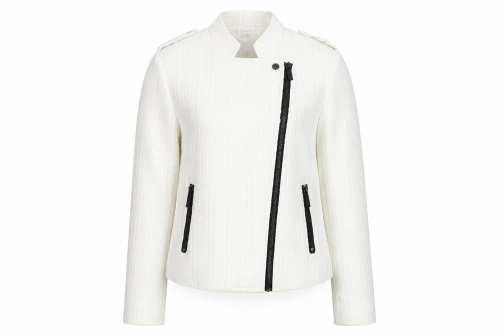 Sophylline Women's White Biker Jacket Size S Zip Detail Lined Tweed