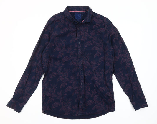 Step & Jilly Men's Blue Floral Cotton Long Sleeve Classic Fit Shirt Size M