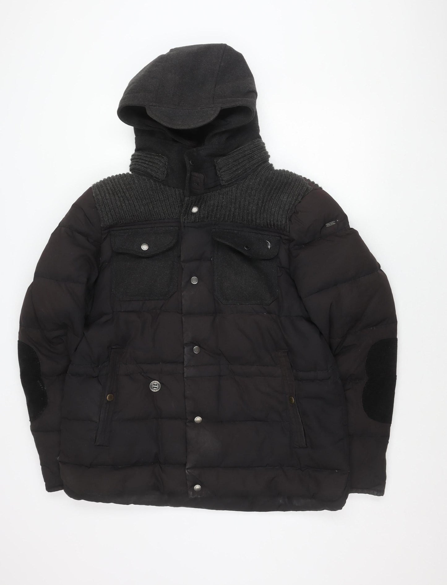 Feraud Jeans Women's Black Puffer Jacket L Hooded Winter Coat
