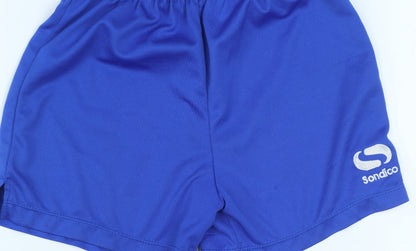 Brand and care label for Sondico boys’ blue 5-6 years athletic shorts 100% polyester lightweight