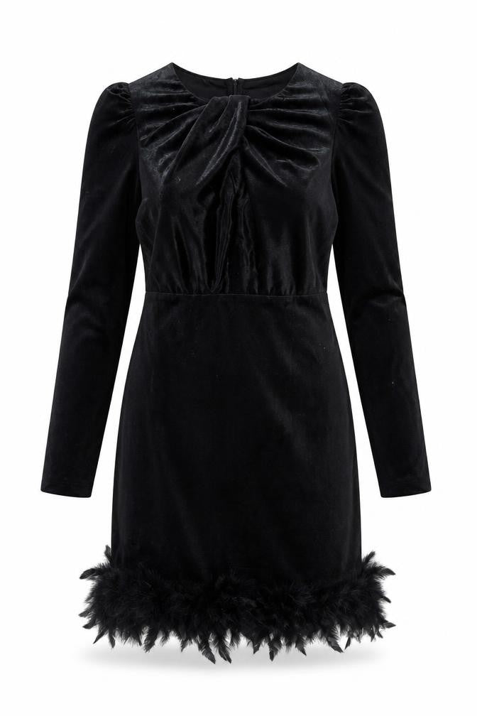 Allyson Women’s Black Velvet Feather Trim Bodycon Party Dress L