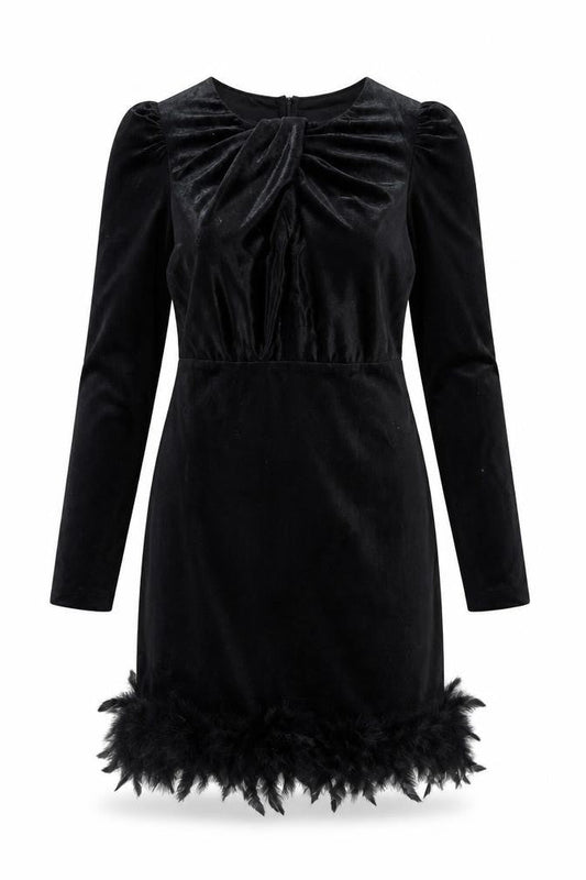 Allyson Women’s Black Velvet Feather Trim Bodycon Party Dress L