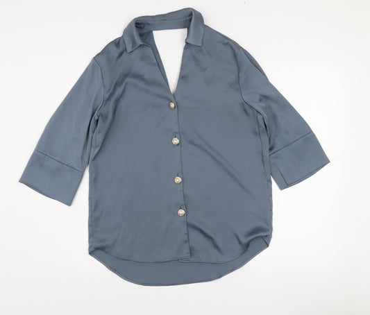 River Island Women Blue Viscose Button 3/4 Sleeve Blouse Size 8