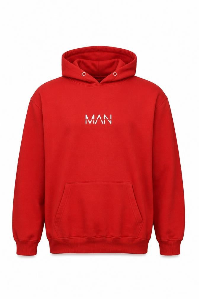 boohooMAN Men's Red Pullover Hoodie Size M Regular Fit Logo Fleece