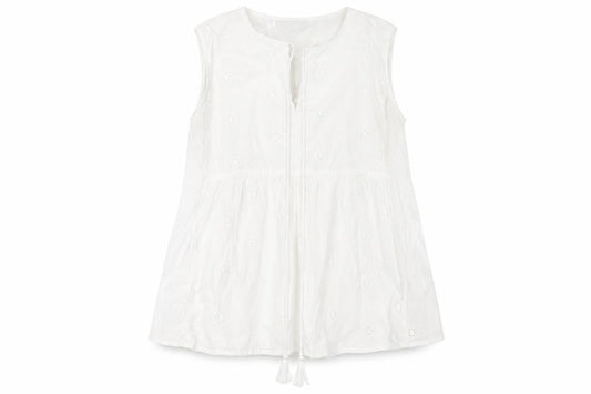 Front view of Dunnes Women White Cotton Embroidered Sleeveless Tunic Blouse M