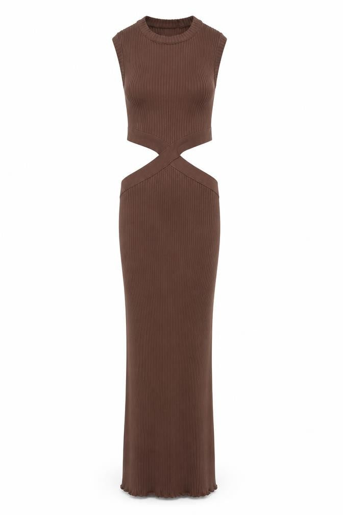 Zara Women Brown Sleeveless Long Bodycon Cut Out Knit Dress Size S