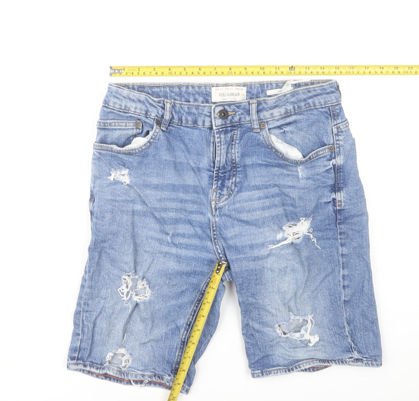 Pull&Bear Men's Blue Denim Distressed Shorts Size 32 Regular Fit
