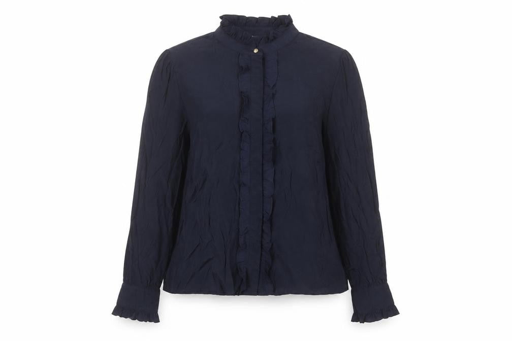 Saint Tropez Womens Blue Ruffle High Neck Long Sleeve Blouse M