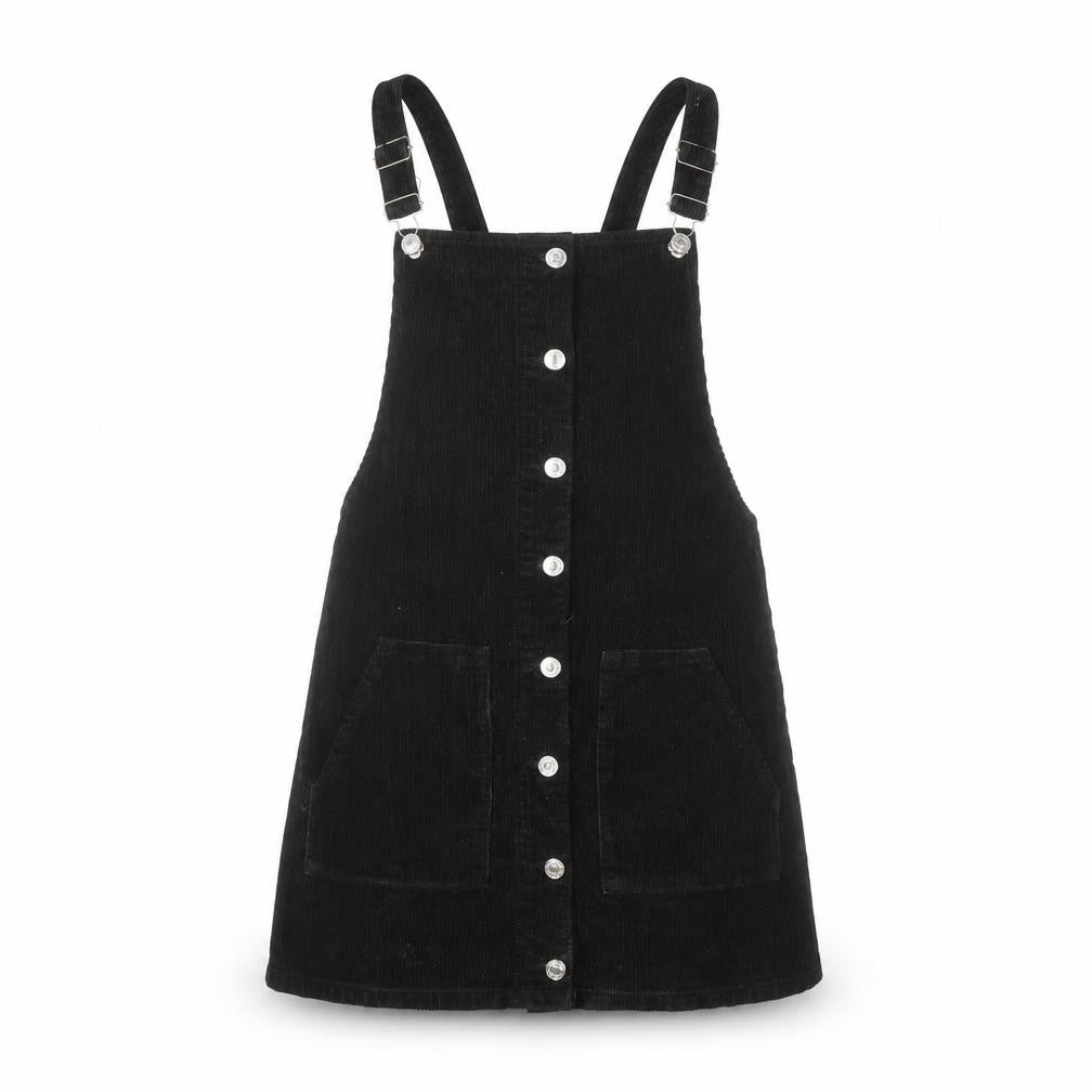 Topshop Women Black Corduroy Pinafore Dress Size 8 Sleeveless Button Front